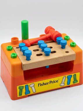 Vintage 1980s Fisher Price Action Tool Bench Toy with Hammer Pegs